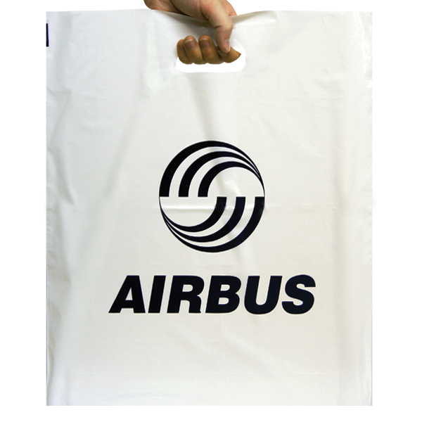 Standard sized white polythene carrier bags with a reinforced patch